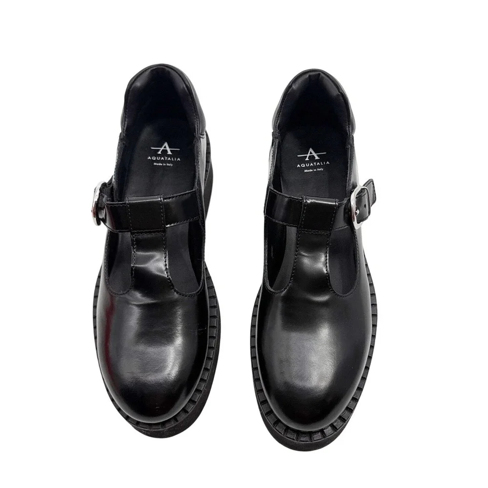 Aquatalia Malvina Women's Black Patent Leather Mary Jane Platform Shoes size 7.5
